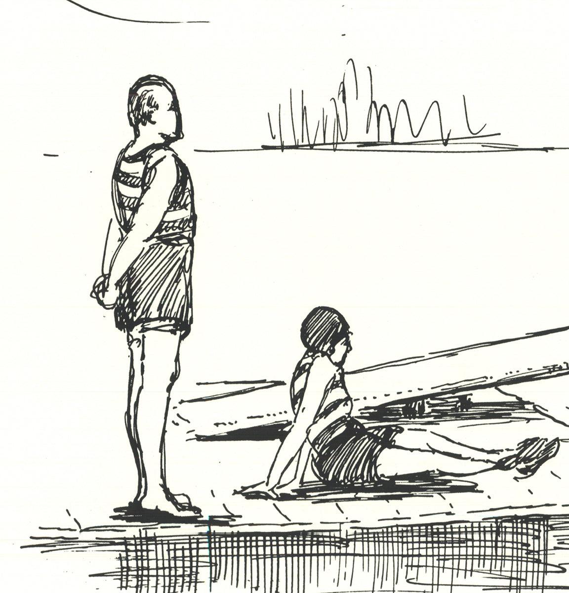 This plate-signed work by Y.B. Robinson, titled Divers, evokes a sense of nostalgia, capturing a moment where divers leap from a pier into the lake below. The artwork beautifully conveys the excitement and carefree spirit of summer days spent by the