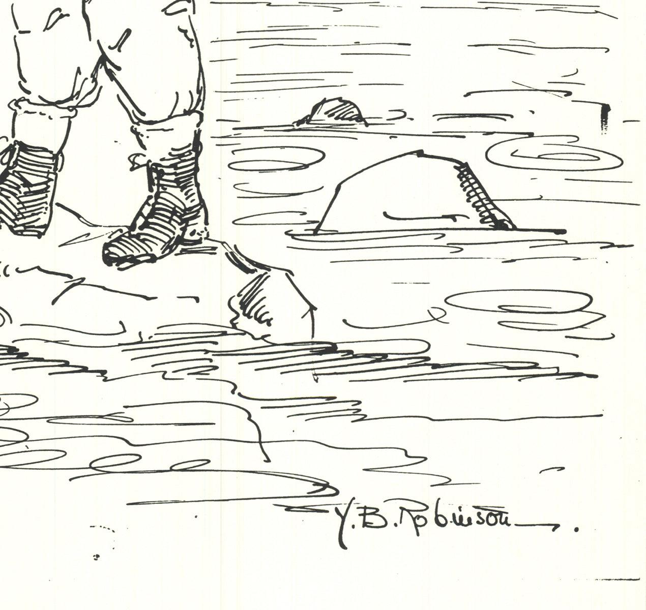 Questo splendido disegno di I. A. B. Robinson raffigura un pescatore impegnato nella pesca della trota a mosca, in piedi su una roccia in un fiume poco profondo con l'acqua che scorre dolcemente sotto di lui. L'opera firmata su lastra cattura la