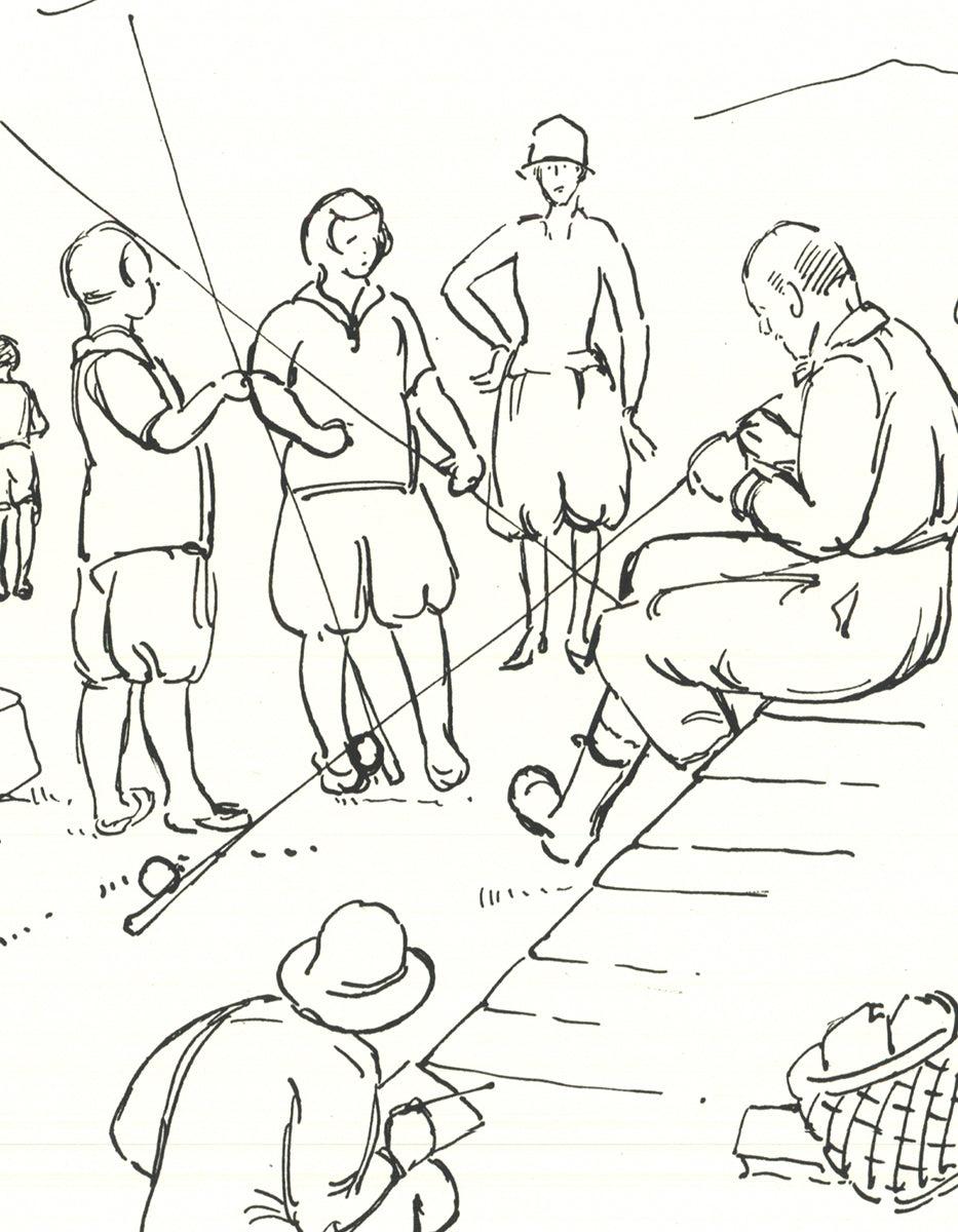 This lithograph, dated 1926, depicts a scene where anglers are preparing for what appears to be a fishing competition. Y.B. Robinson is known for capturing the spirit of outdoor leisure activities with a sense of nostalgia. In Swansons, the