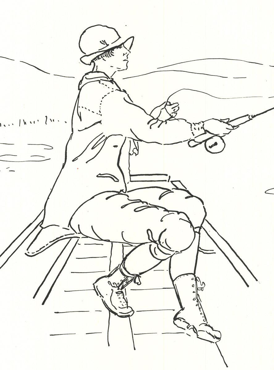 YB Robinson 'Woman Fisherman' Vintage Drawing - Contemporary Print by Unknown