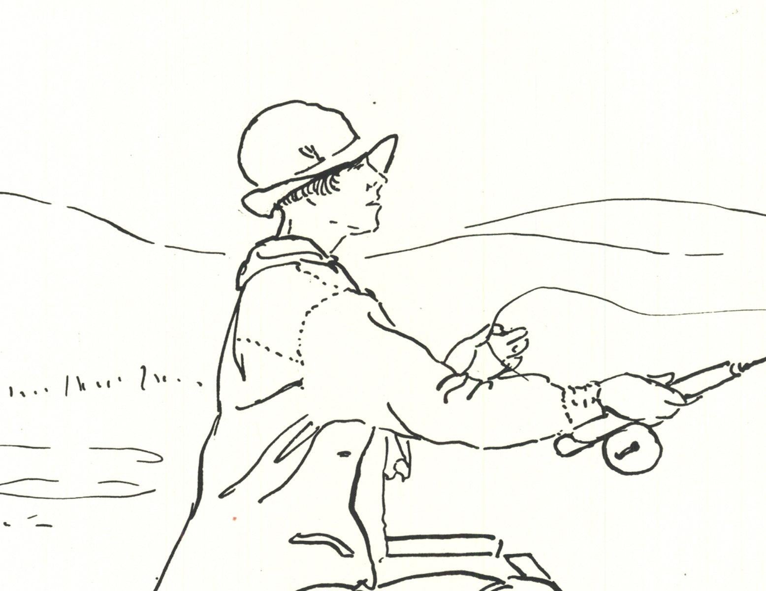 This plate-signed work by Y.B. Robinson, titled Woman Fisherman, features a woman casting her line from a seated position, evoking nostalgia for a time when fish were abundant and women actively participated in the sport. The image captures the
