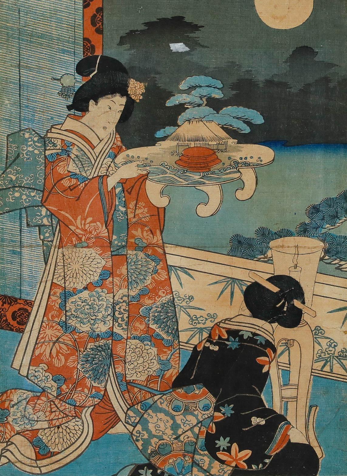 Yoshiiku Utagawa (1833-1904) - Gravure sur bois japonaise, Geishas près de la lampe à huile - Print de Unknown
