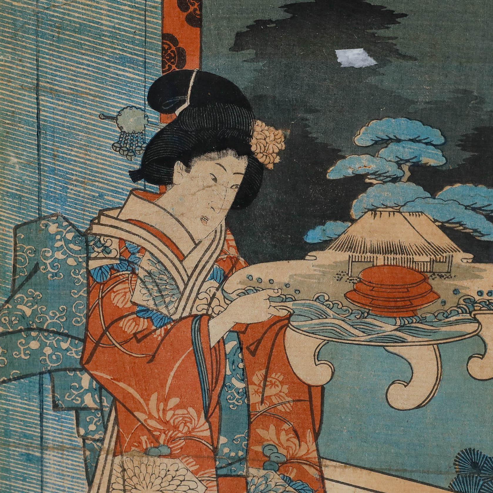 Yoshiiku Utagawa (1833-1904) - Gravure sur bois japonaise, Geishas près de la lampe à huile en vente 1
