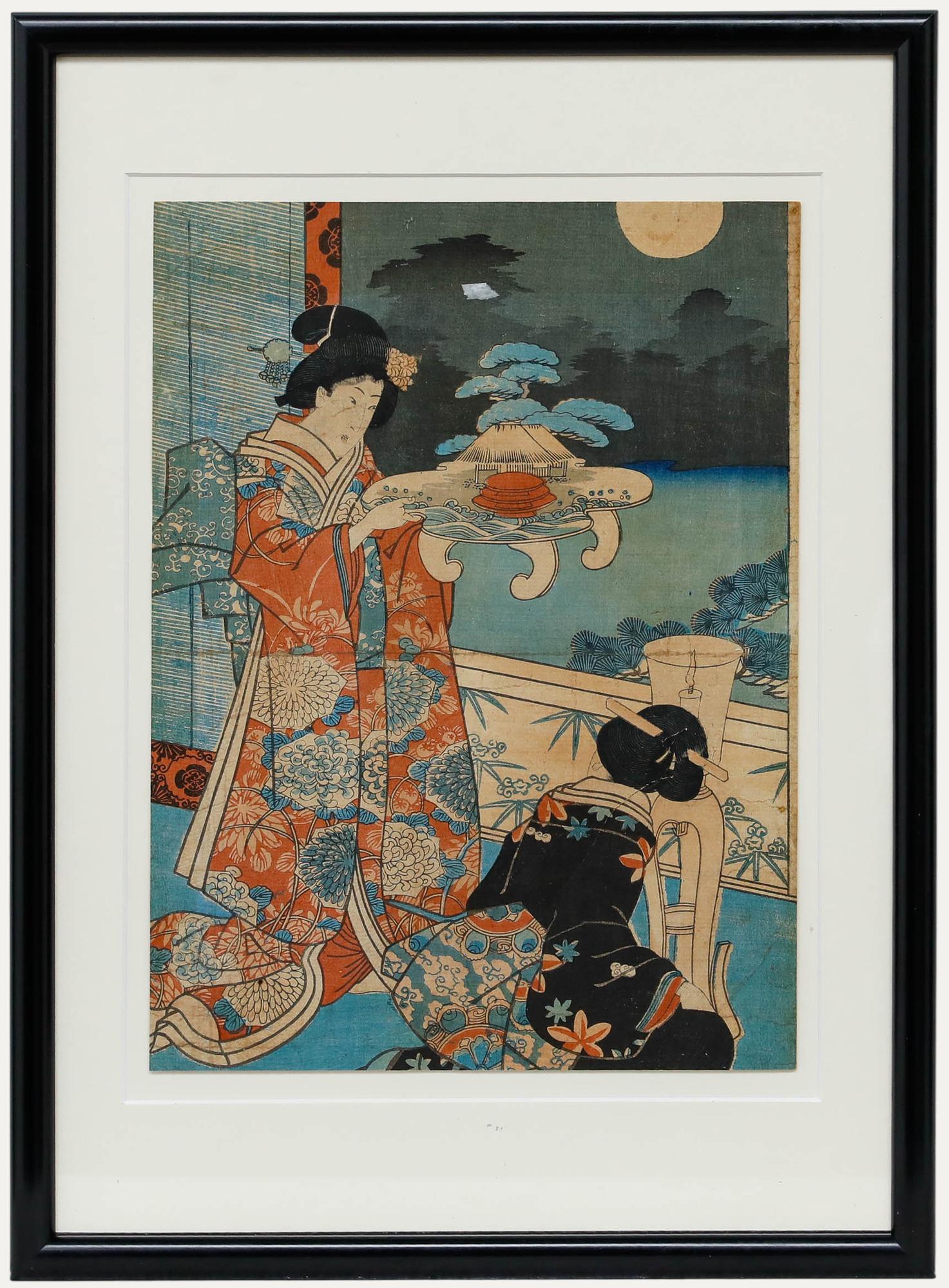 Yoshiiku Utagawa (1833-1904) - Gravure sur bois japonaise, Geishas près de la lampe à huile