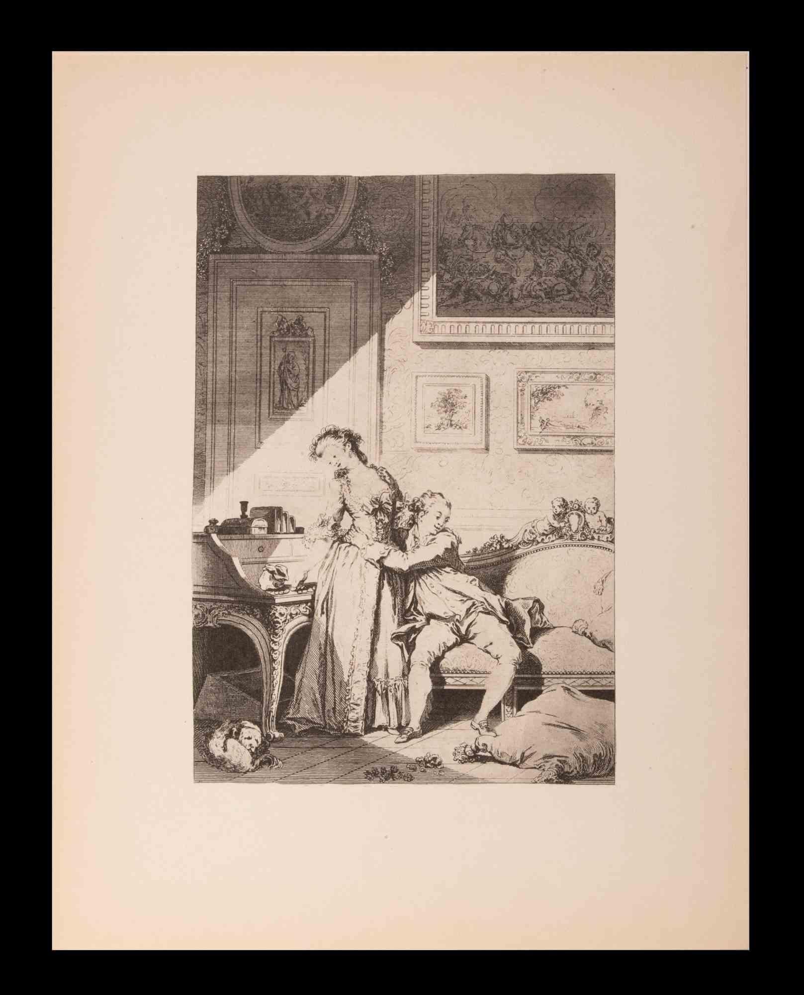Unknown Figurative Print - Young Lovers - Original Lithograph after a drawing by Fragonard - 19th Century