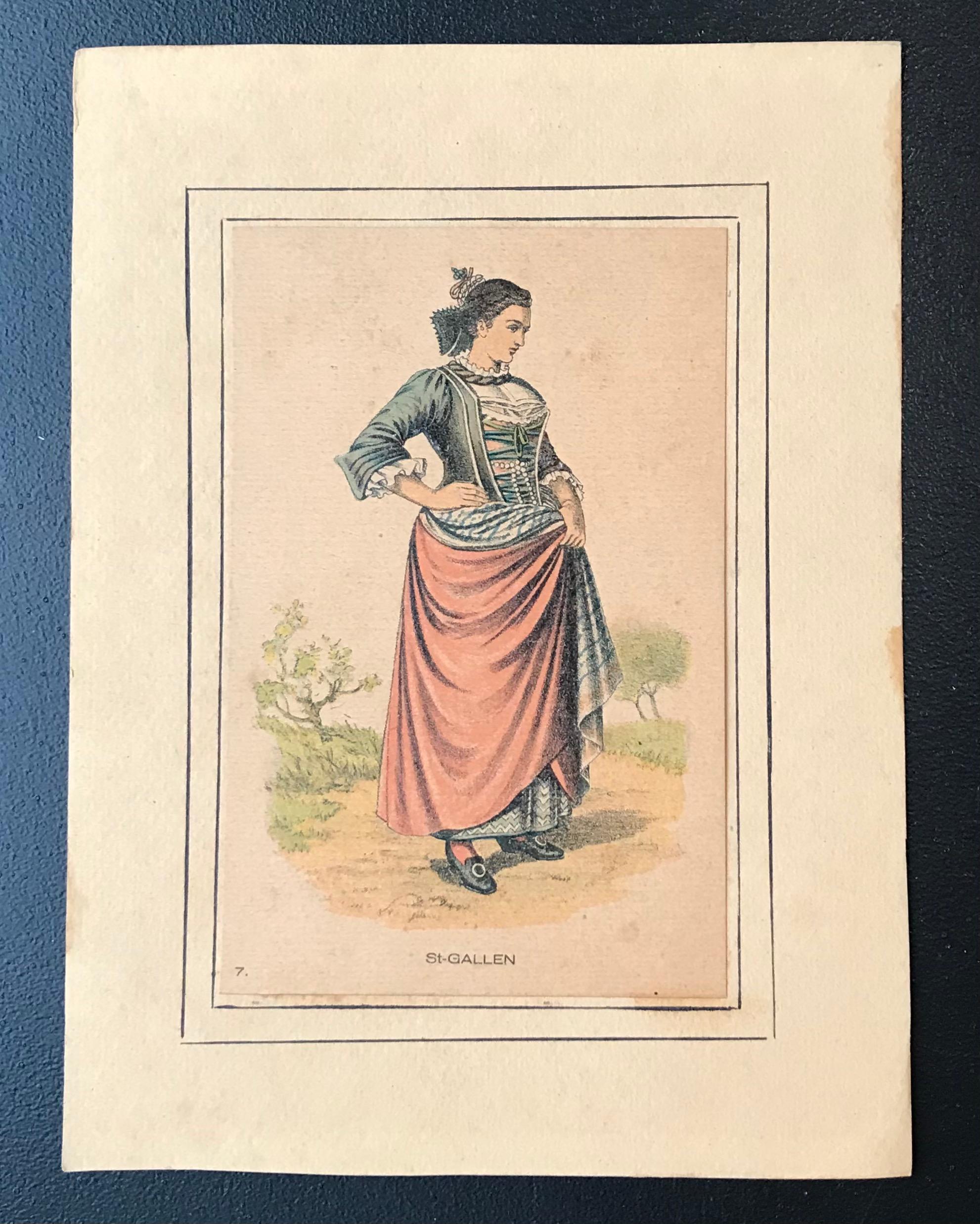 Young woman in periodischem Kostüm aus St. Gallen, Schweiz, Gravur 9x14 cm – Print von Unknown