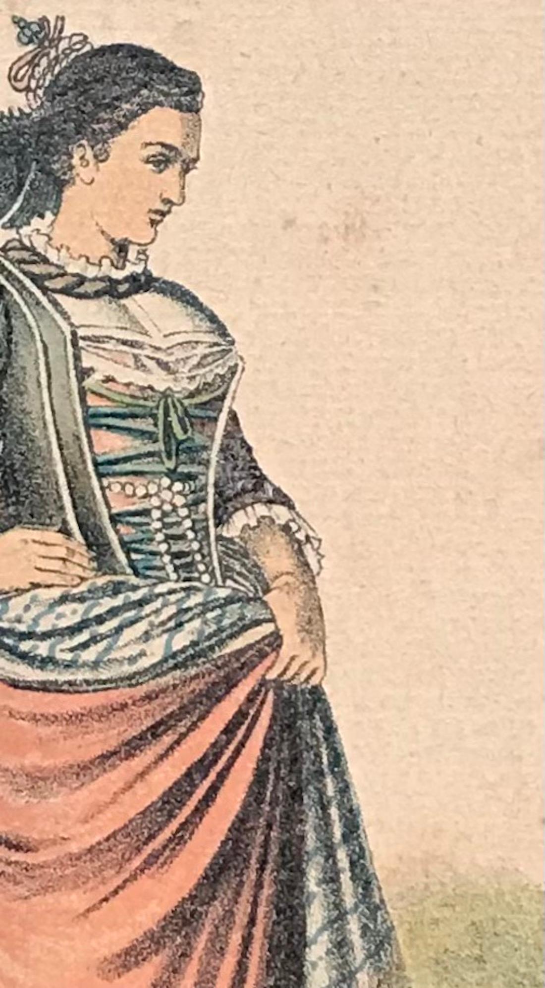 Young woman in periodischem Kostüm aus St. Gallen, Schweiz, Gravur 9x14 cm (Beige), Figurative Print, von Unknown