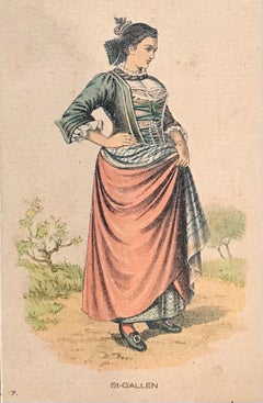 Mujer joven con traje de época de San Gall, Suiza - Grabado 9x14 cm