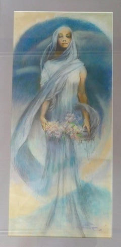 Young Woman with Flowers - Original Pastel on Paper by European Master 1900