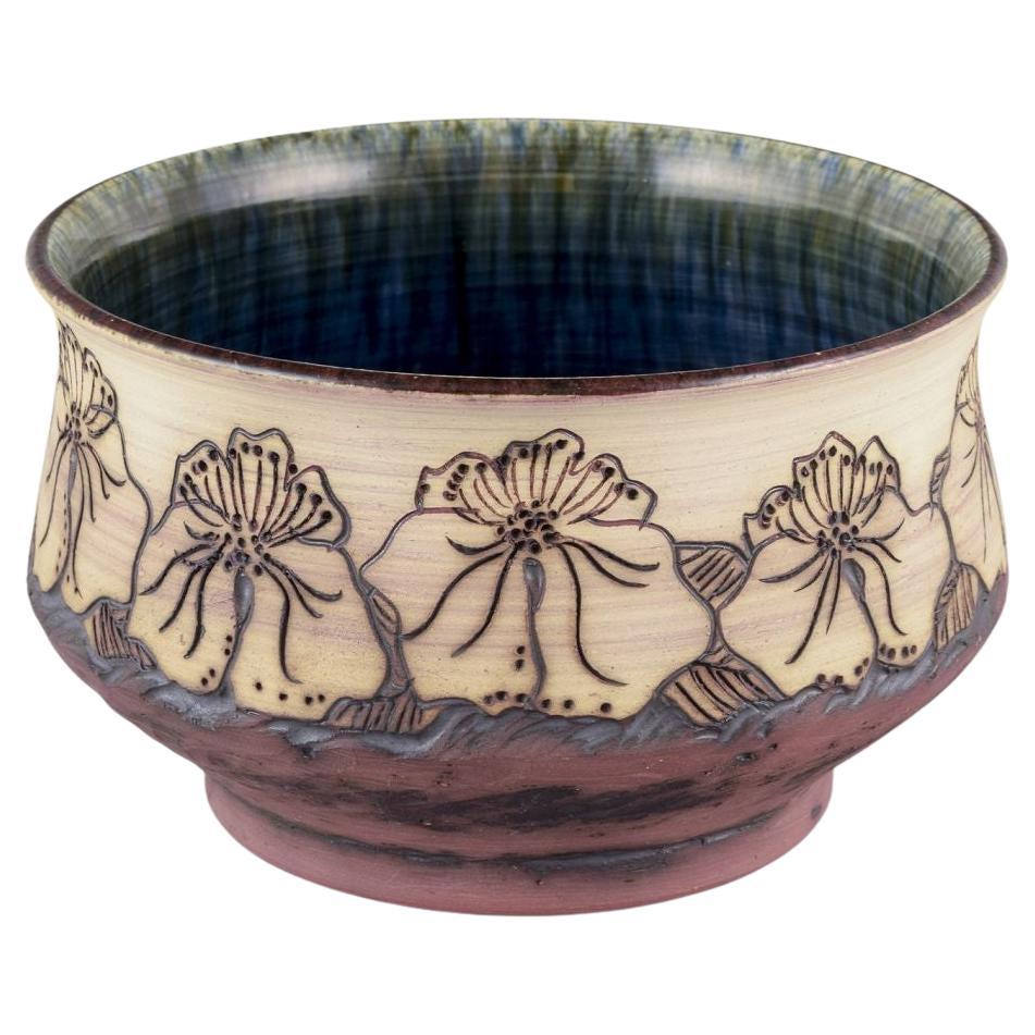 Unknown Scandinavian ceramicist. Earthenware bowl. Incised floral decoration For Sale