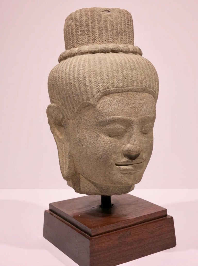 Unknown Head of Deity, Khmer, Cambodian sandstone sculpture For Sale