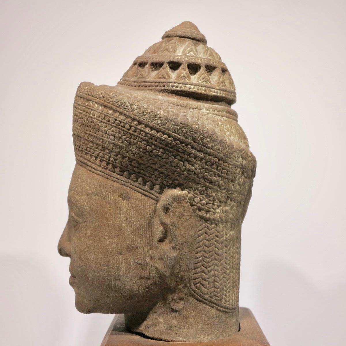 Head of Vishnu, Khmer, Cambodian bust sculpture - Gray Figurative Sculpture by Unknown