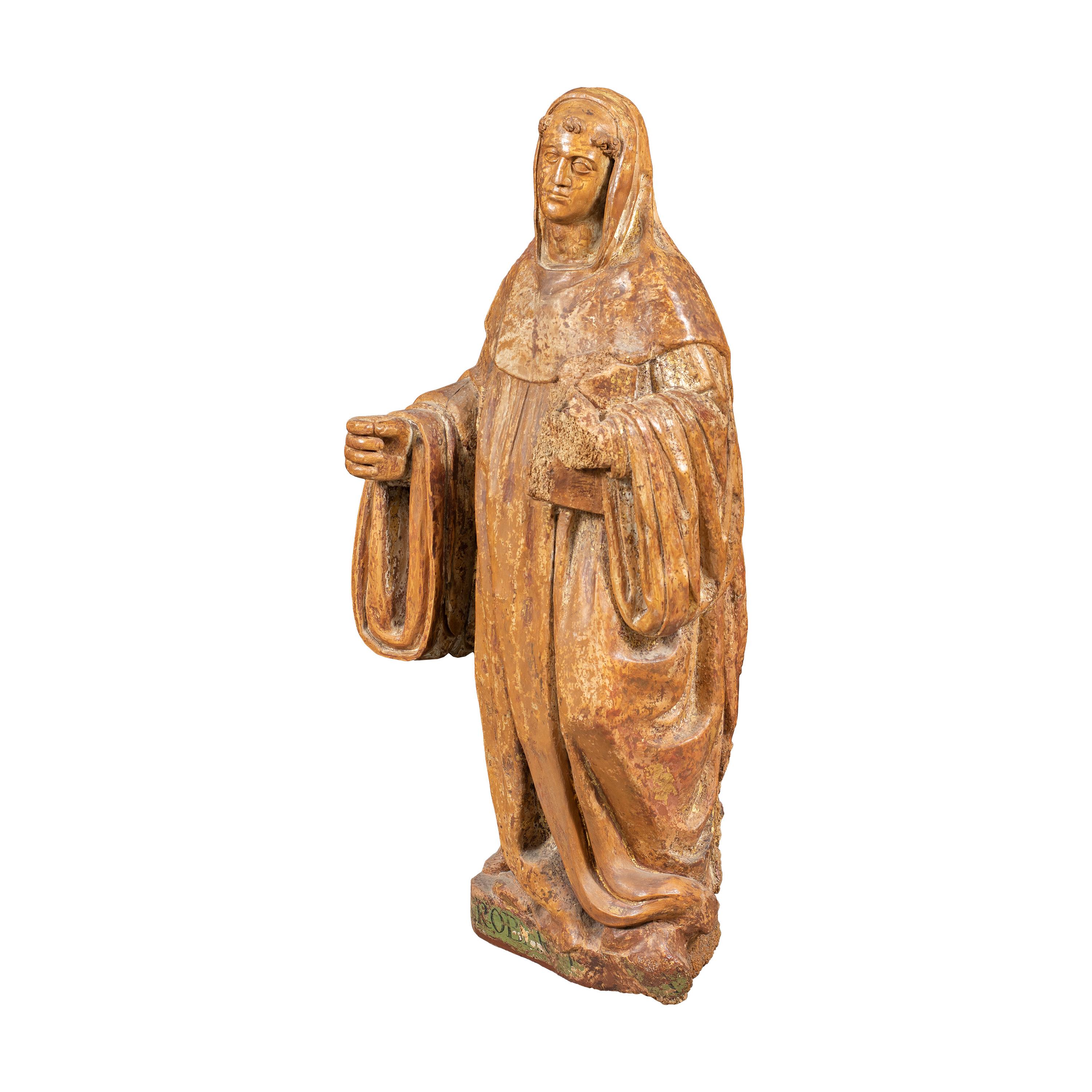 16th century Italian carved wood sculpture - Saint Robert - Gilded Painted - Sculpture by Unknown