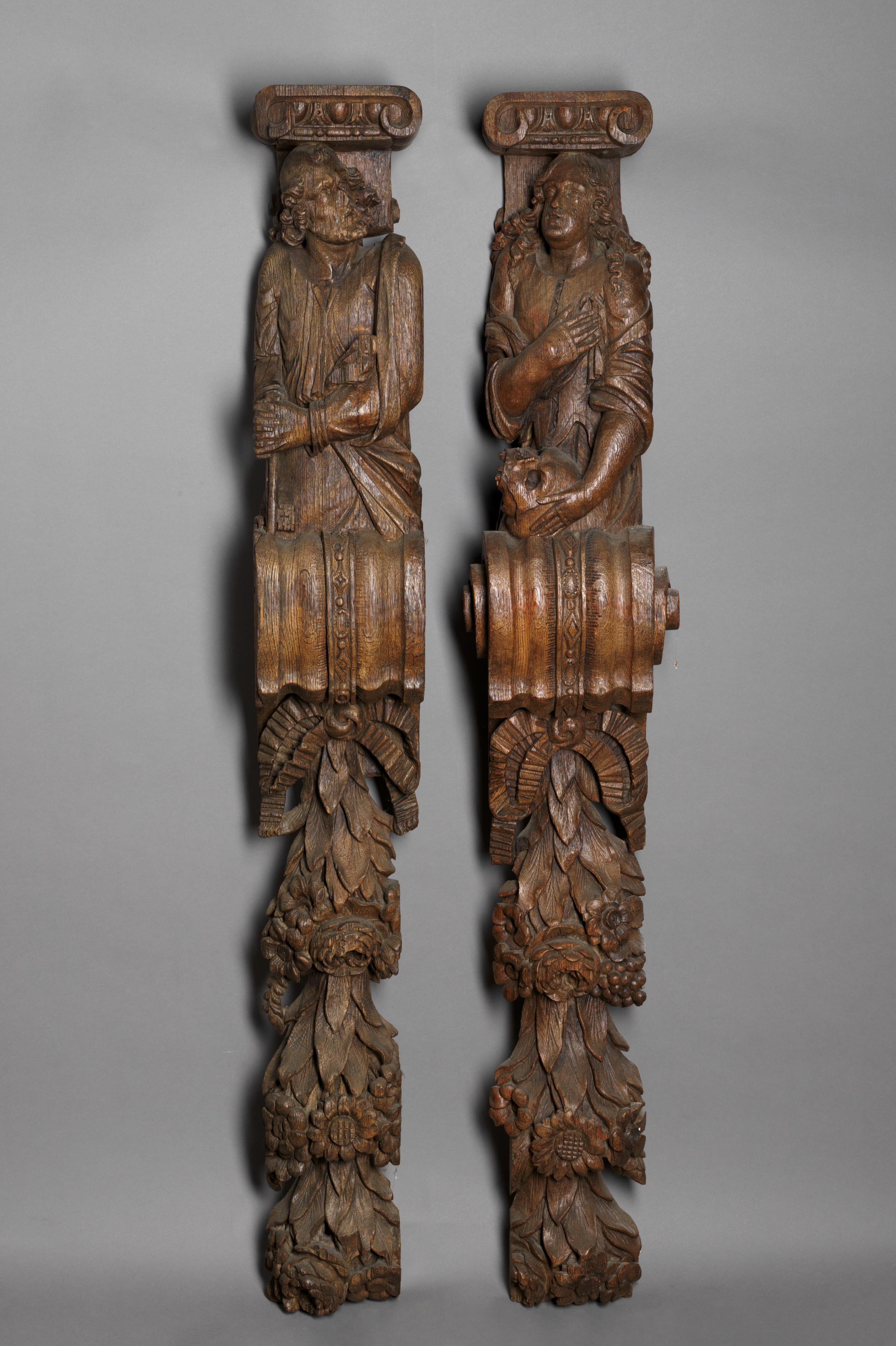 17th C, Two Wooden Pilasters, Representing Penitents St Peter and Mary Magdalene