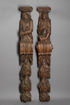 17th C, Two Wooden Pilasters, Representing Penitents St Peter and Mary Magdalene