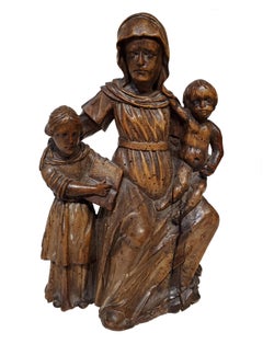 17th Century Italian Carved Wood Carving Of Virgin and Child with Saint Anne