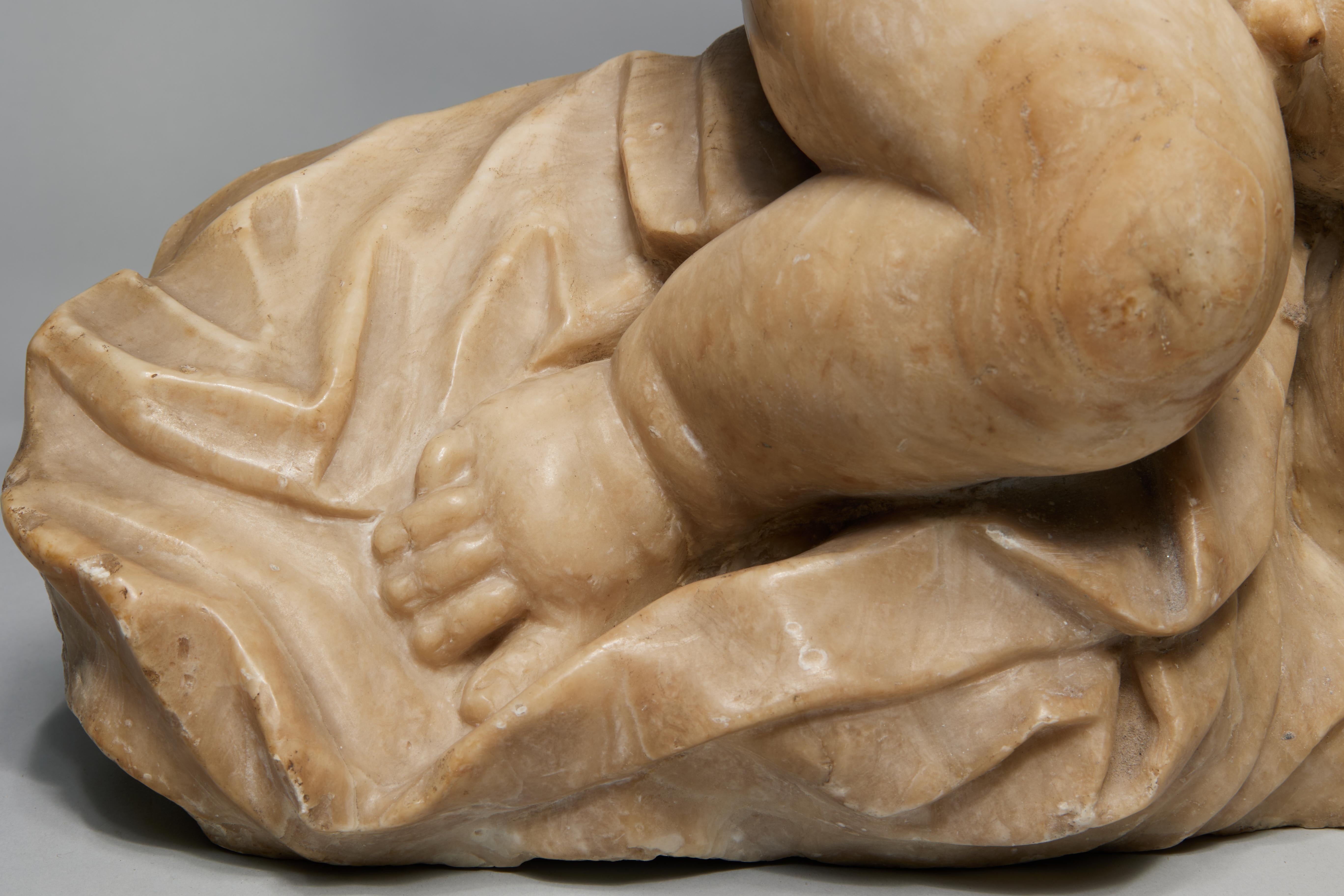 18th/19th Century Italian
Infant Hercules Wrestling a Snake
Alabaster
18 x 18 x 6 inches
40 lb.

In Greek mythology, the infant Hercules (Heracles) is famously depicted wrestling with snakes sent by the jealous goddess Hera to kill him in his