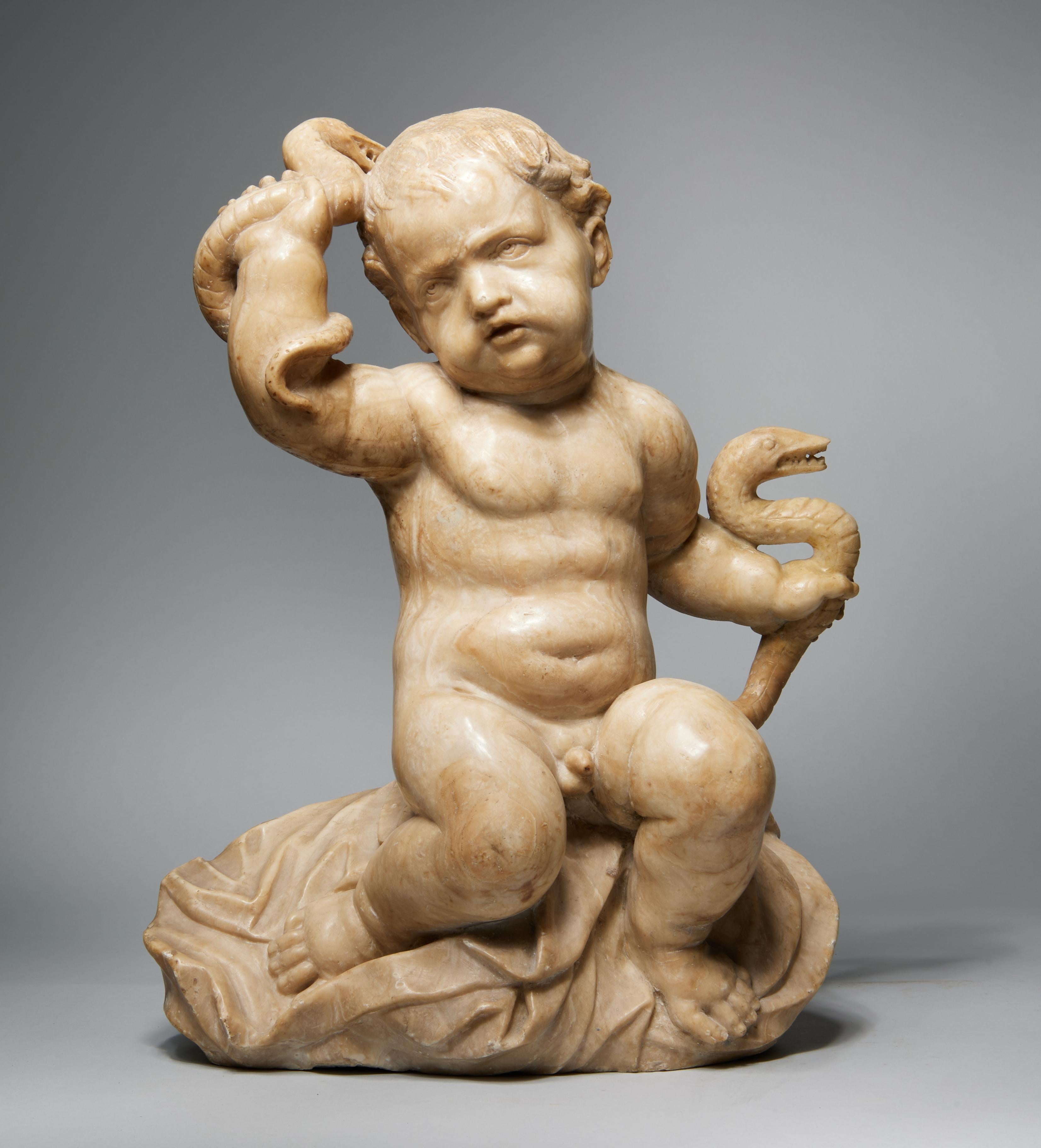 Unknown Figurative Sculpture - 18th/19th C. Italian Alabaster Sculpture of Infant Hercules Wrestling a Snake