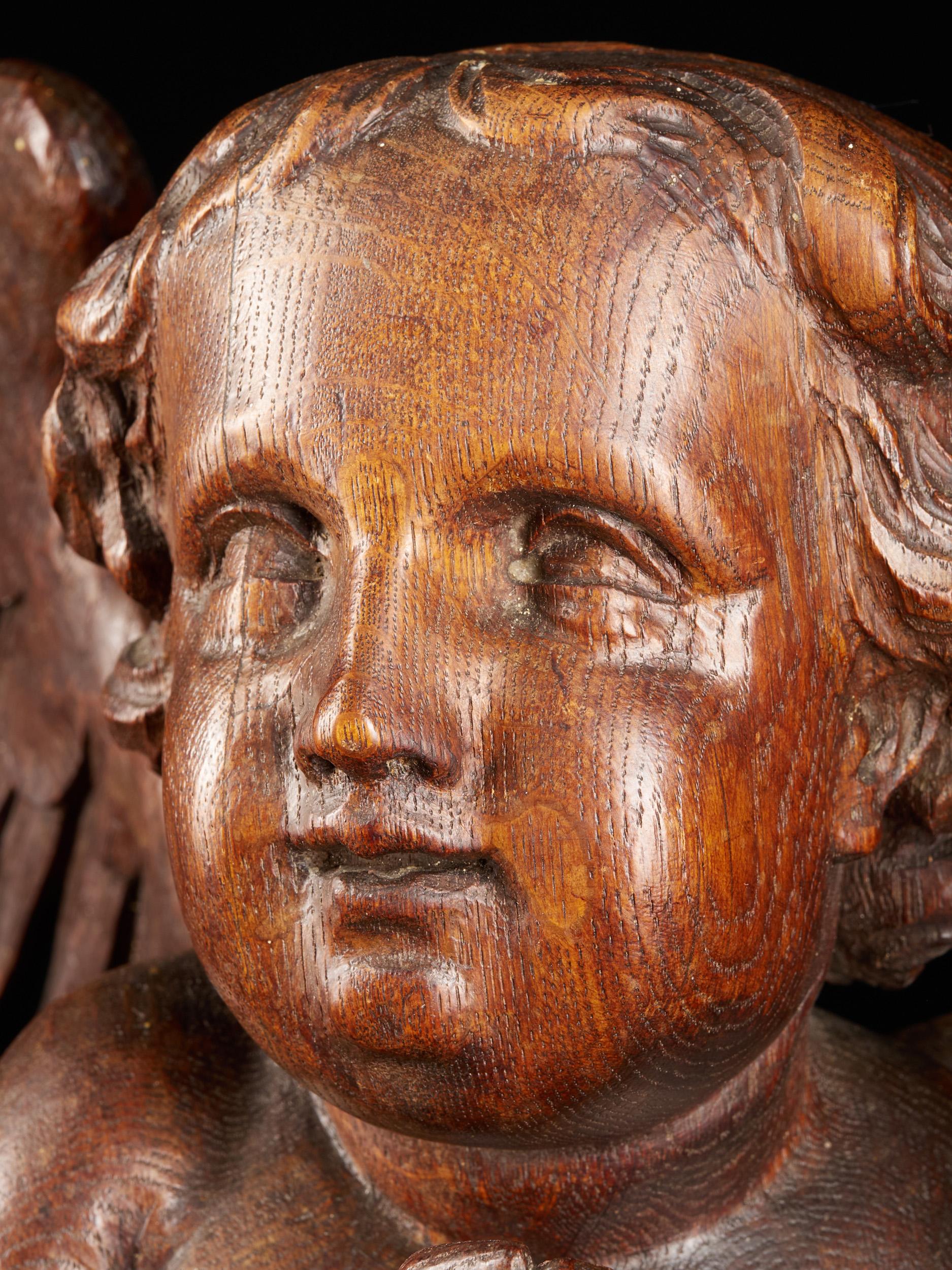 This elegant, beautifully polished angel holds his hands together as if in prayer. The sculpture may have been part of a wooden pulpit. The fact that the statue has been carefully worked out on all sides confirms this hypothesis. The face,