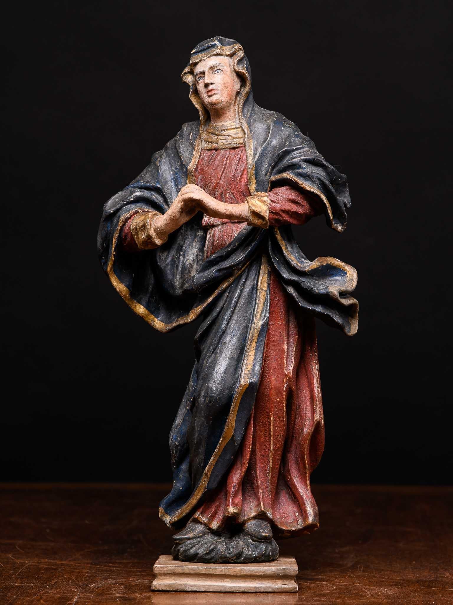 18. Jh. Polychromierte, aus Obstholz geschnitzte Statue, die Maria Magdalena darstellt, Deutschland.