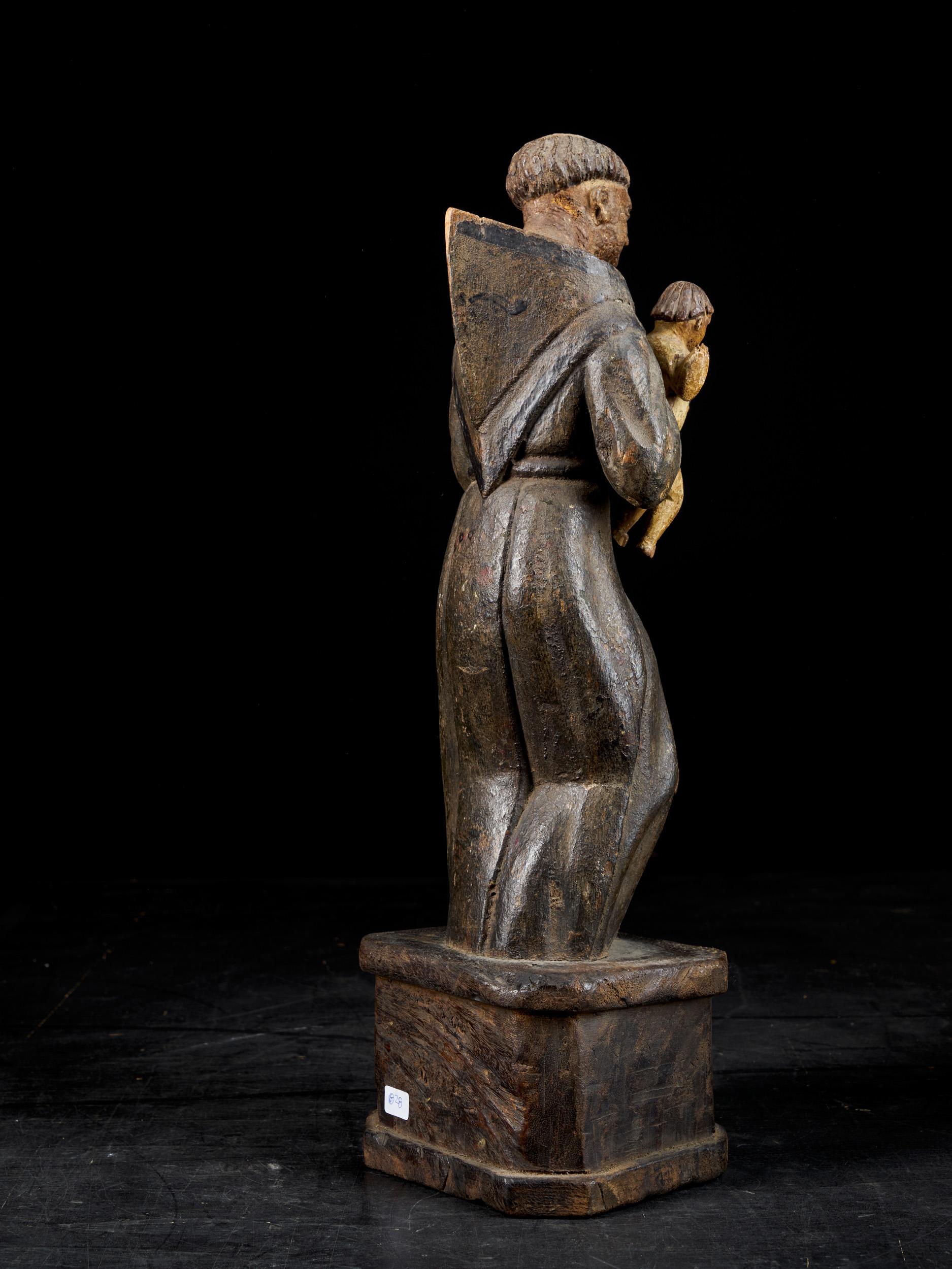 18th C., probably southern Europe, Wooden polychromed Sculpture of Saint Anthony 1