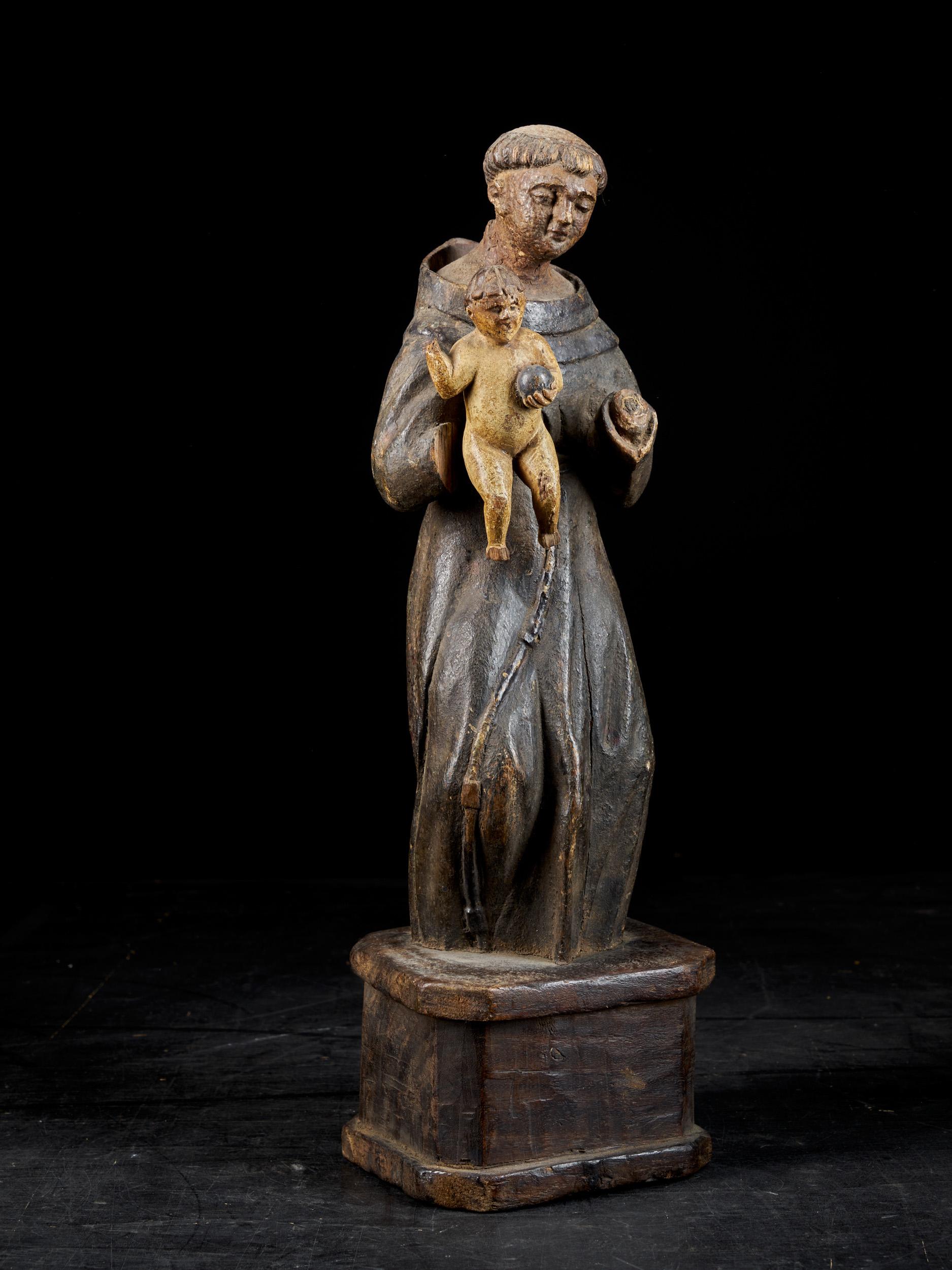 18th C., probably southern Europe, Wooden polychromed Sculpture of Saint Anthony 3