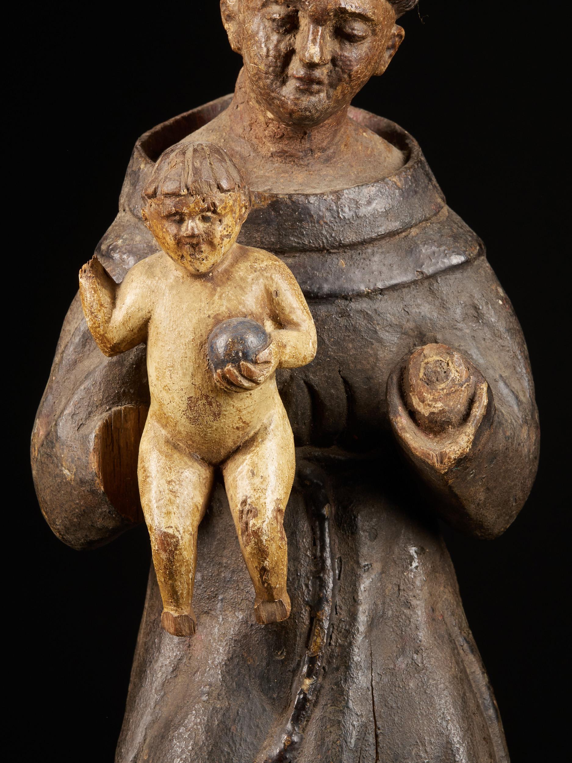 18th C., probably southern Europe, Wooden polychromed Sculpture of Saint Anthony 4