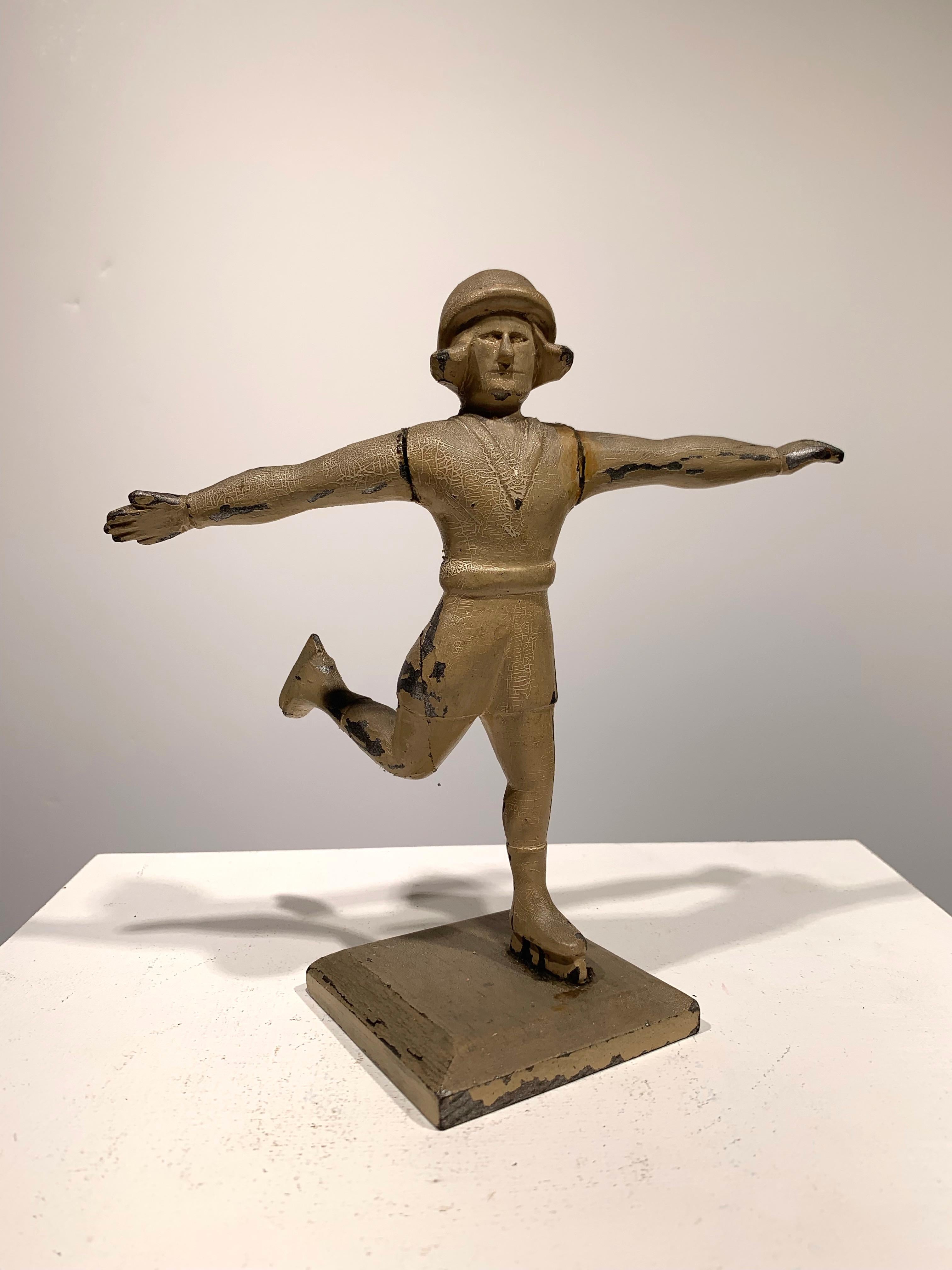 Unknown Figurative Sculpture - 1920's Folk Art ice skating Woman Outsider Artist carved sculpture