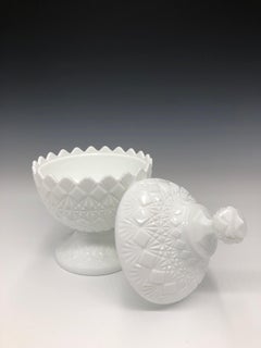 1960s White Fenton Olde Virginia Glass Pedestal Candy Dish with Lid