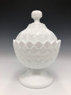 1960s White Fenton Olde Virginia Glass Pedestal Candy Dish with Lid