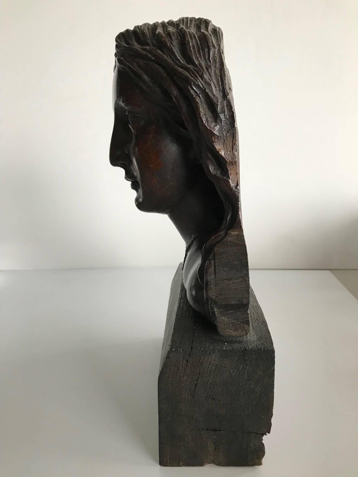 Buste et tête en bois sculpté du 19e/20e siècle - Sculpture de Unknown