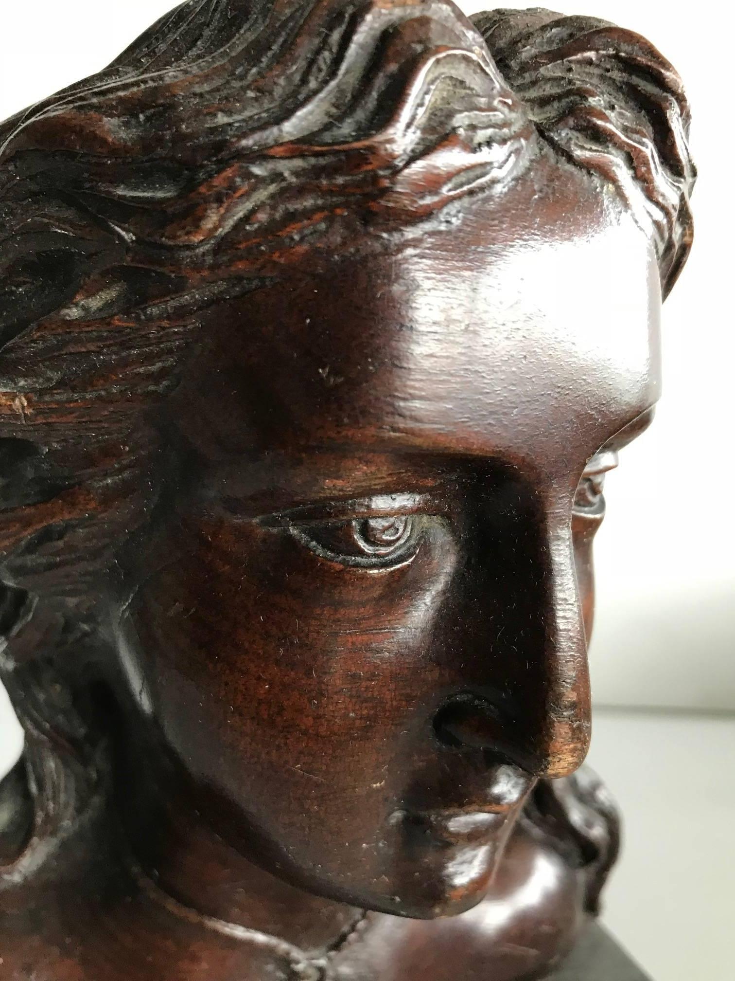 19th/20th Century Wood Carved Bust & Head - Brown Figurative Sculpture by Unknown