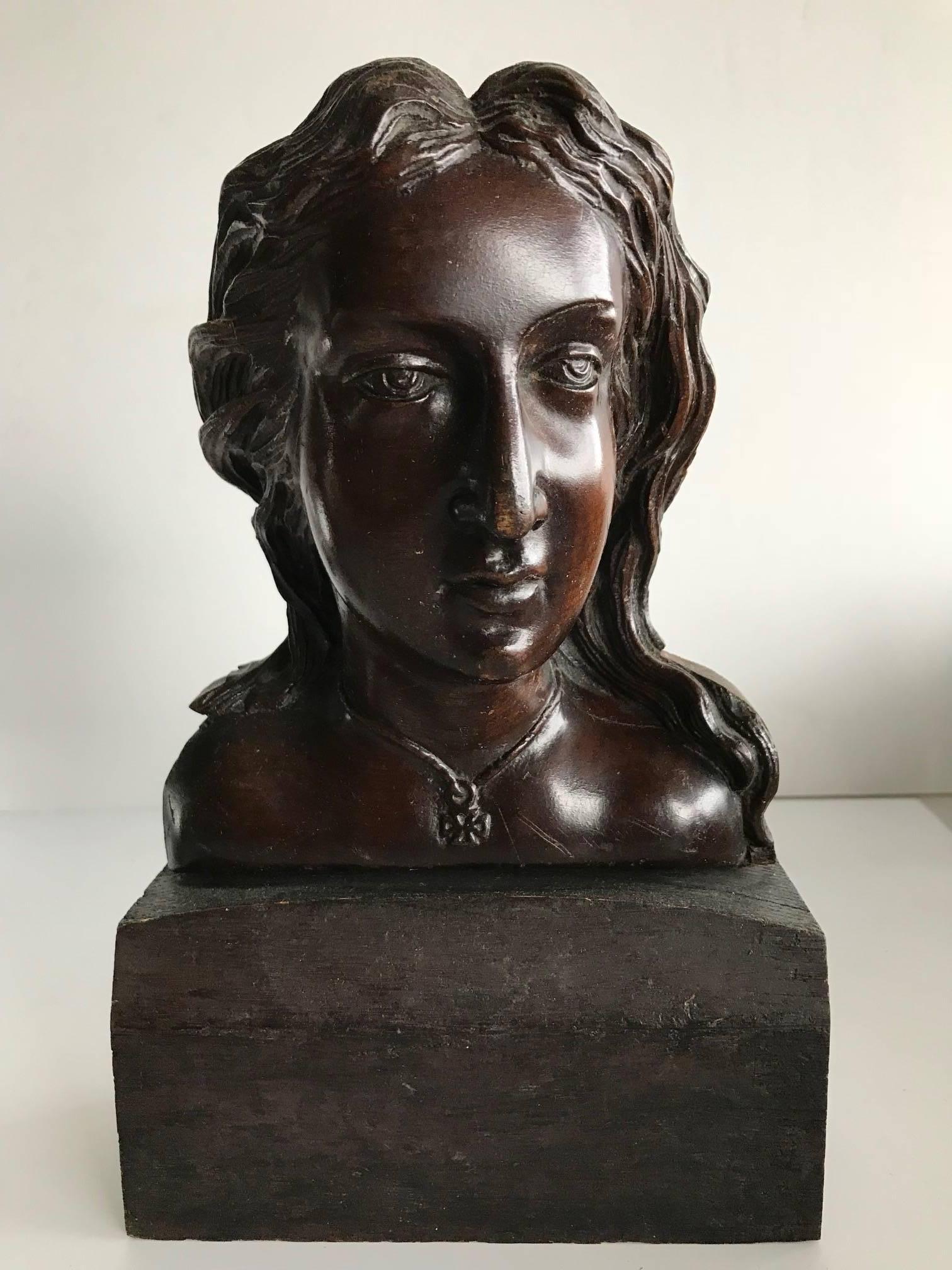 Unknown Figurative Sculpture - 19th/20th Century Wood Carved Bust & Head