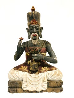 Antique Buddhist High Priest Polychrome Wood Sculpture  