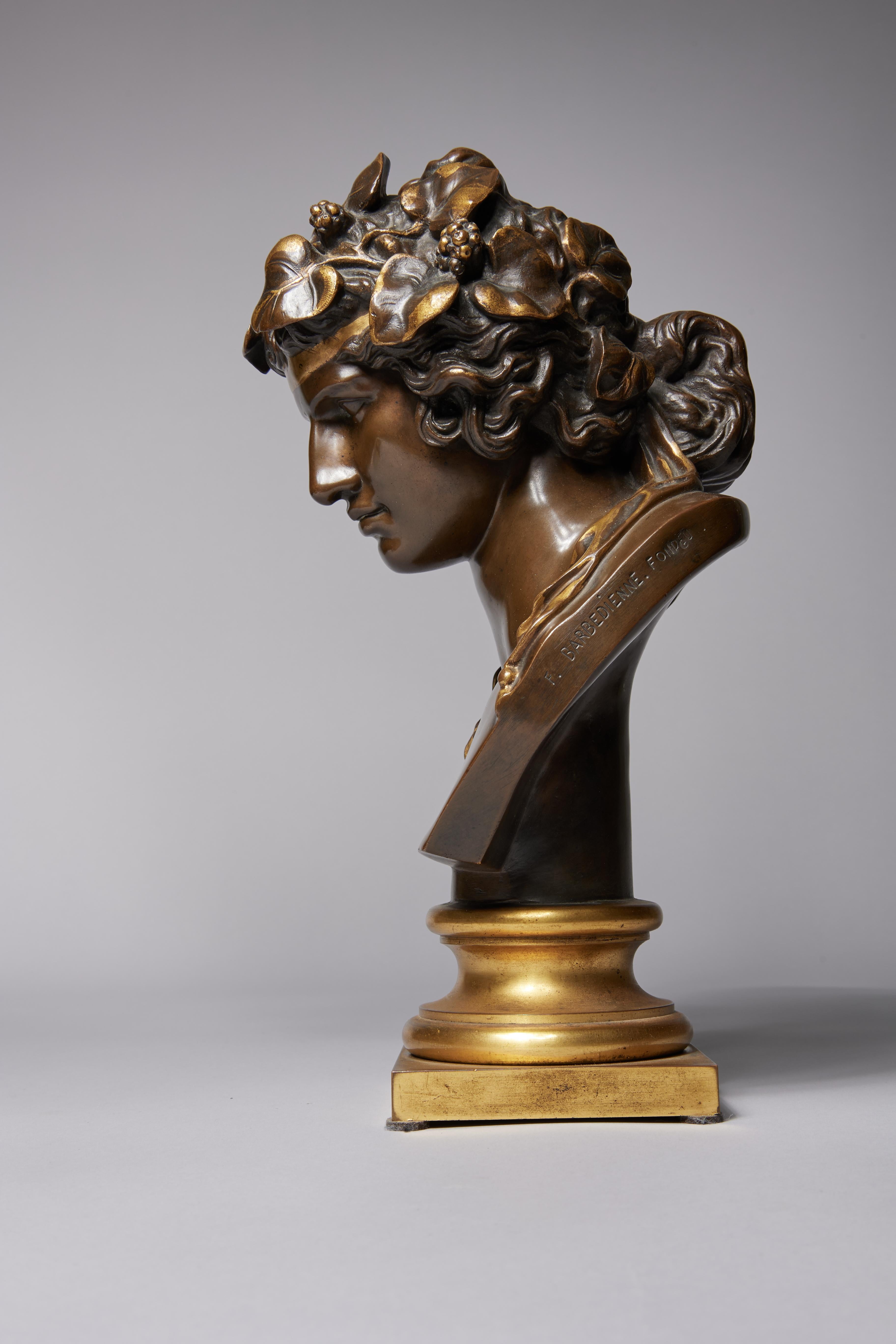 Bust of Antinous as Bacchus/Dionysus with Gilt Floral Wreath, 19th Century
F. Barbedienne foundry
Gilt bronze
23 x 12 x 14 inches

Antinous, also called Antinoös, was a Greek youth from Bithynia, a favourite and lover of the Roman emperor Hadrian.