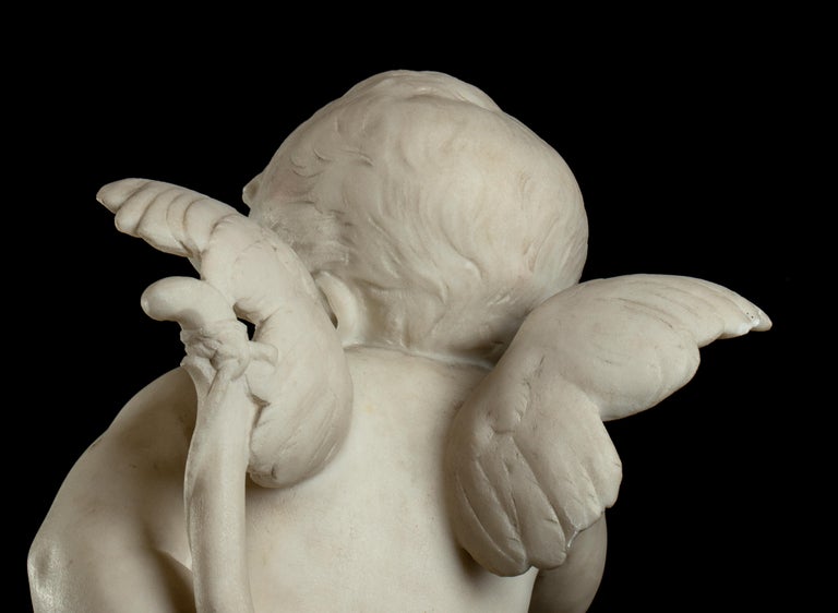19th Century Carved White Marble Figurative Sculpture of Cupid Baroque Style For Sale 12