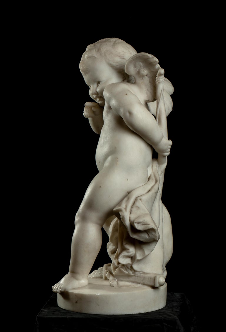 19th Century Carved White Marble Figurative Sculpture of Cupid Baroque Style For Sale 1