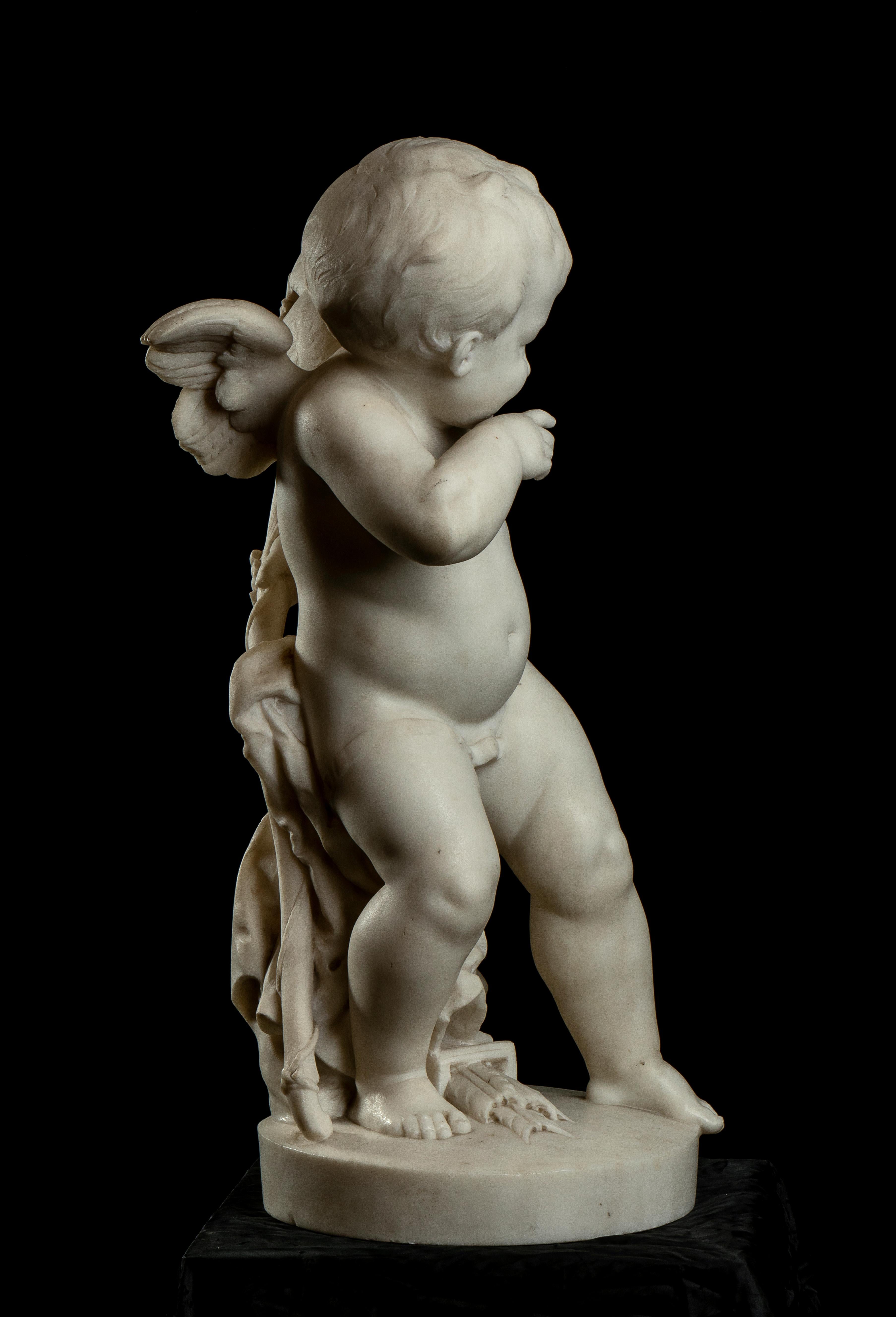 19th Century Carved White Marble Figurative Sculpture of Cupid Baroque Style 4