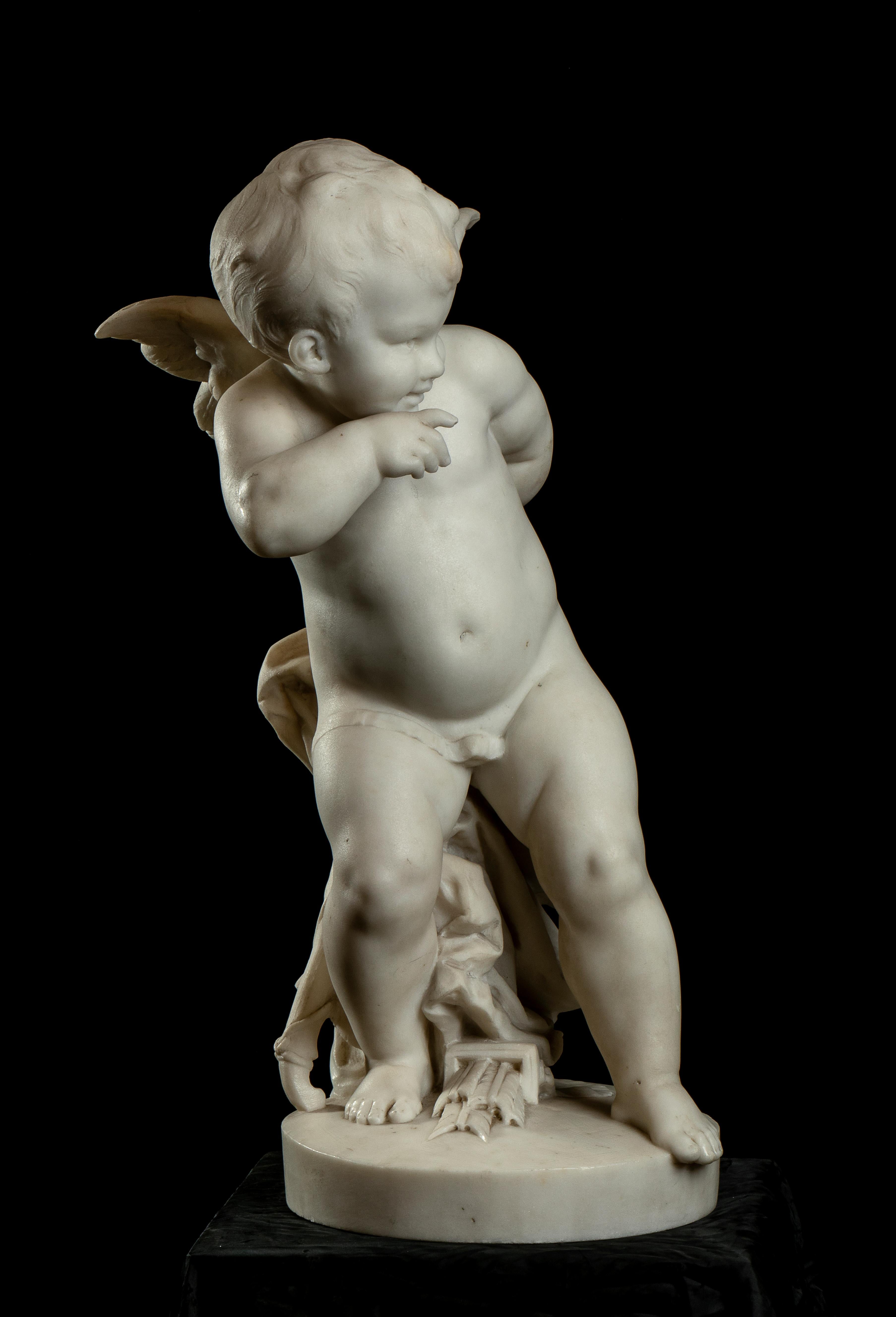 19th Century Carved White Marble Figurative Sculpture of Cupid Baroque Style 5