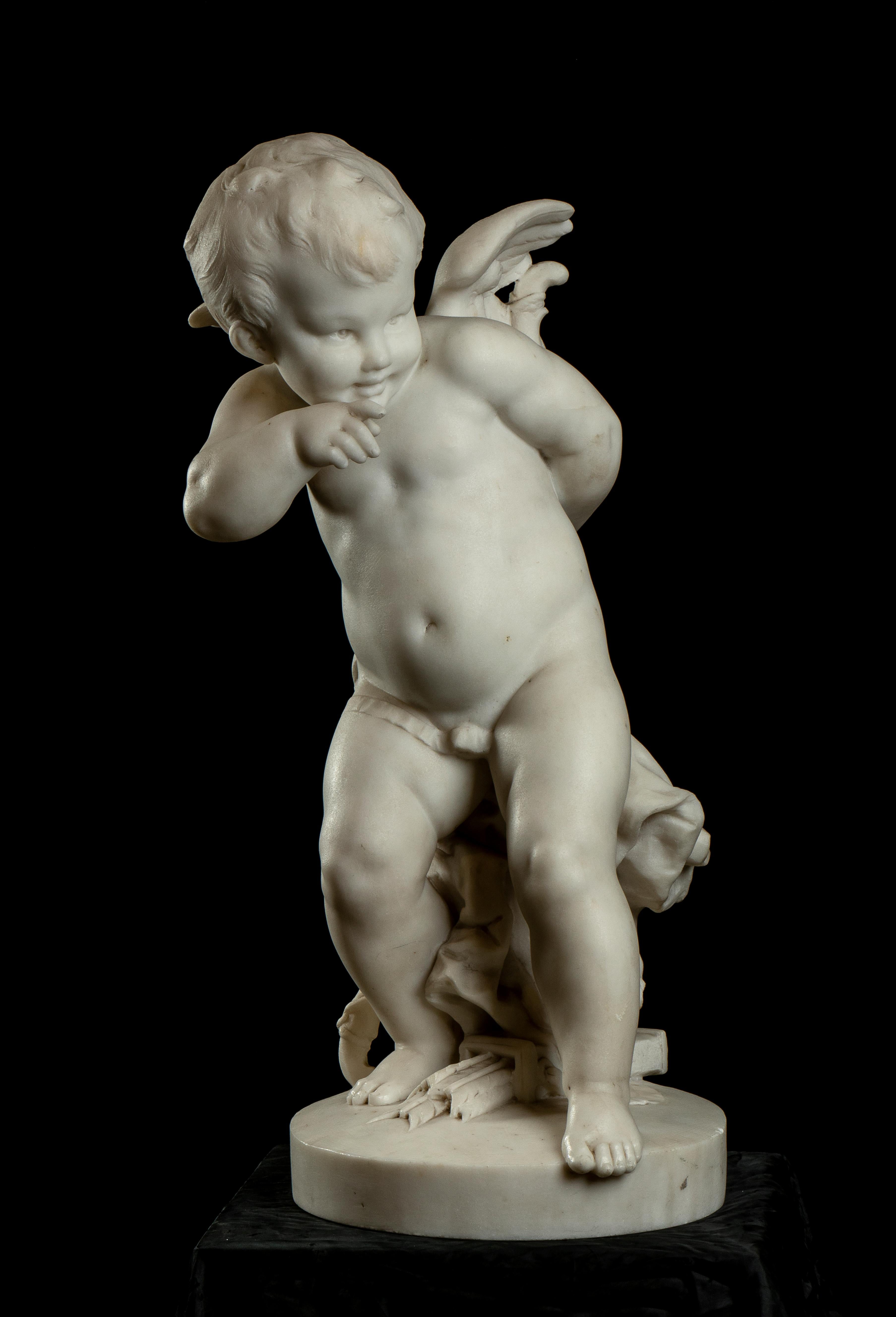 19th Century Carved White Marble Figurative Sculpture of Cupid Baroque Style 6