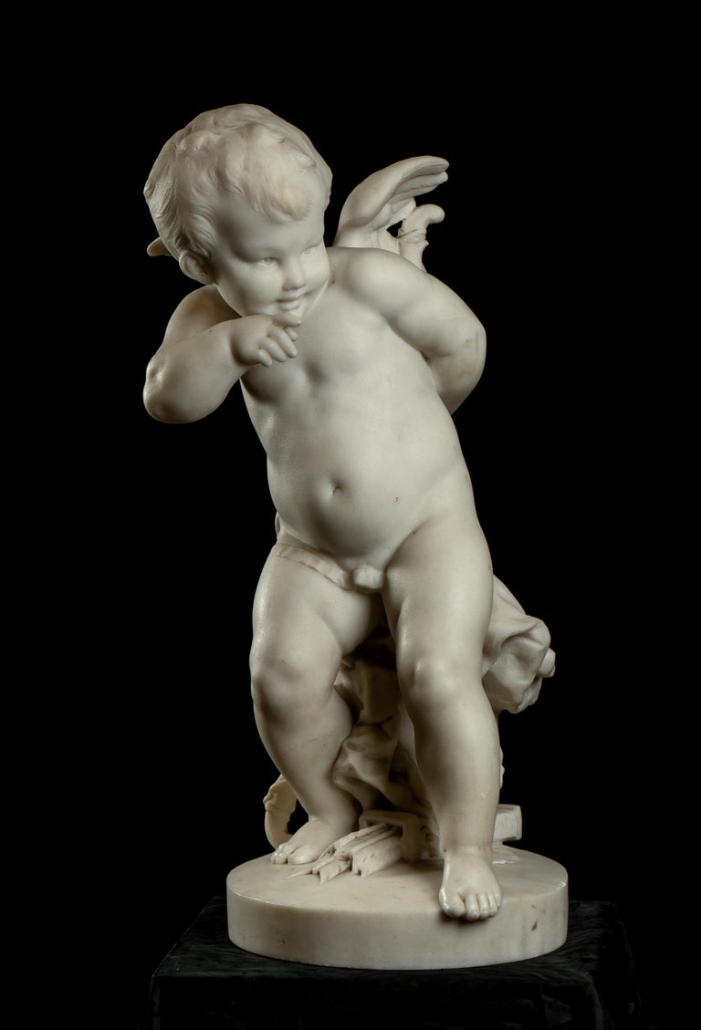 19th Century Carved White Marble Figurative Sculpture of Cupid Baroque Style For Sale 8