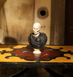 19th Century Italian Sculpture White Carrara Skull, Black Marquina Marble Bust