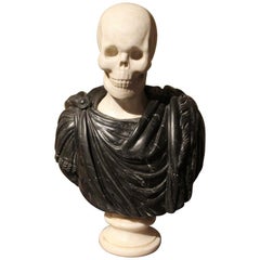 19th Century Italian Sculpture White Carrara Skull, Black Marquina Marble Bust 