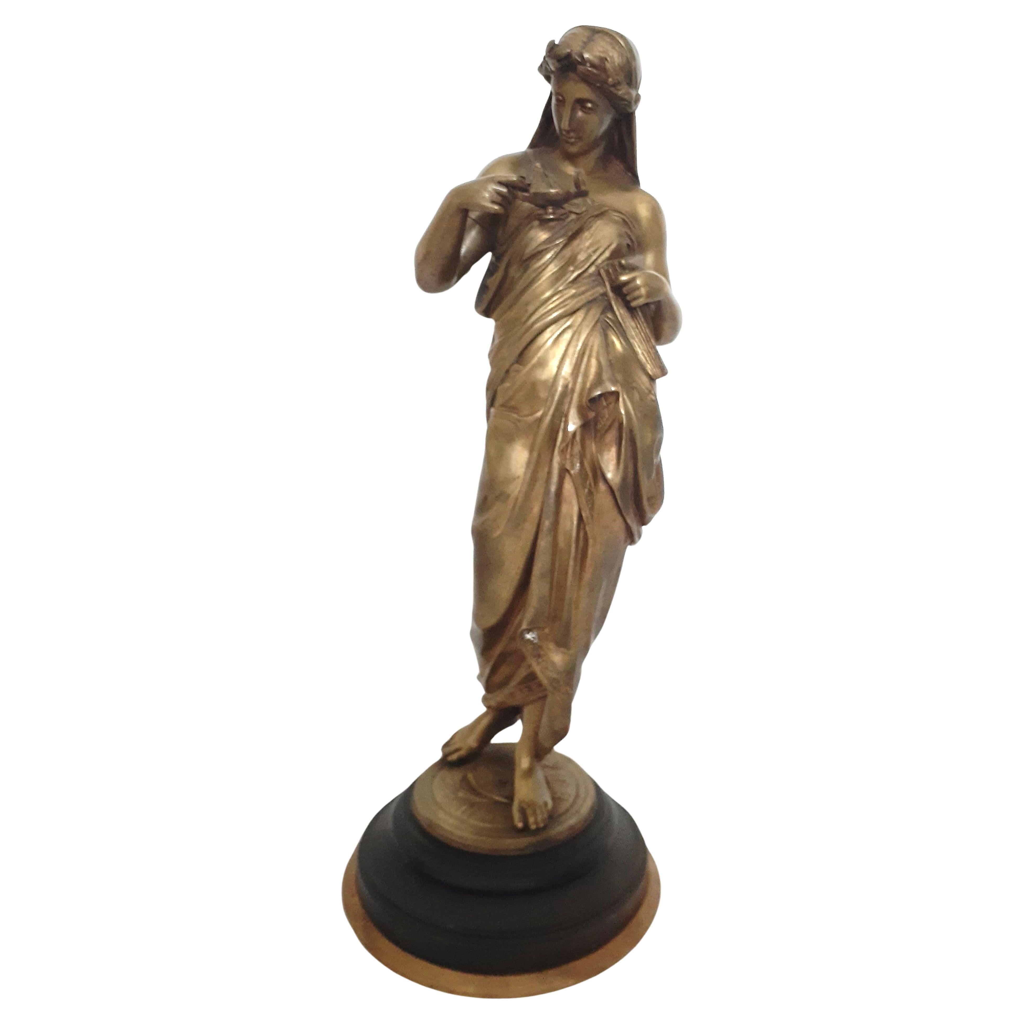 Unknown Figurative Sculpture - 19th Century Neoclassical Bronze Woman Holding Oil Lamp With A Bird