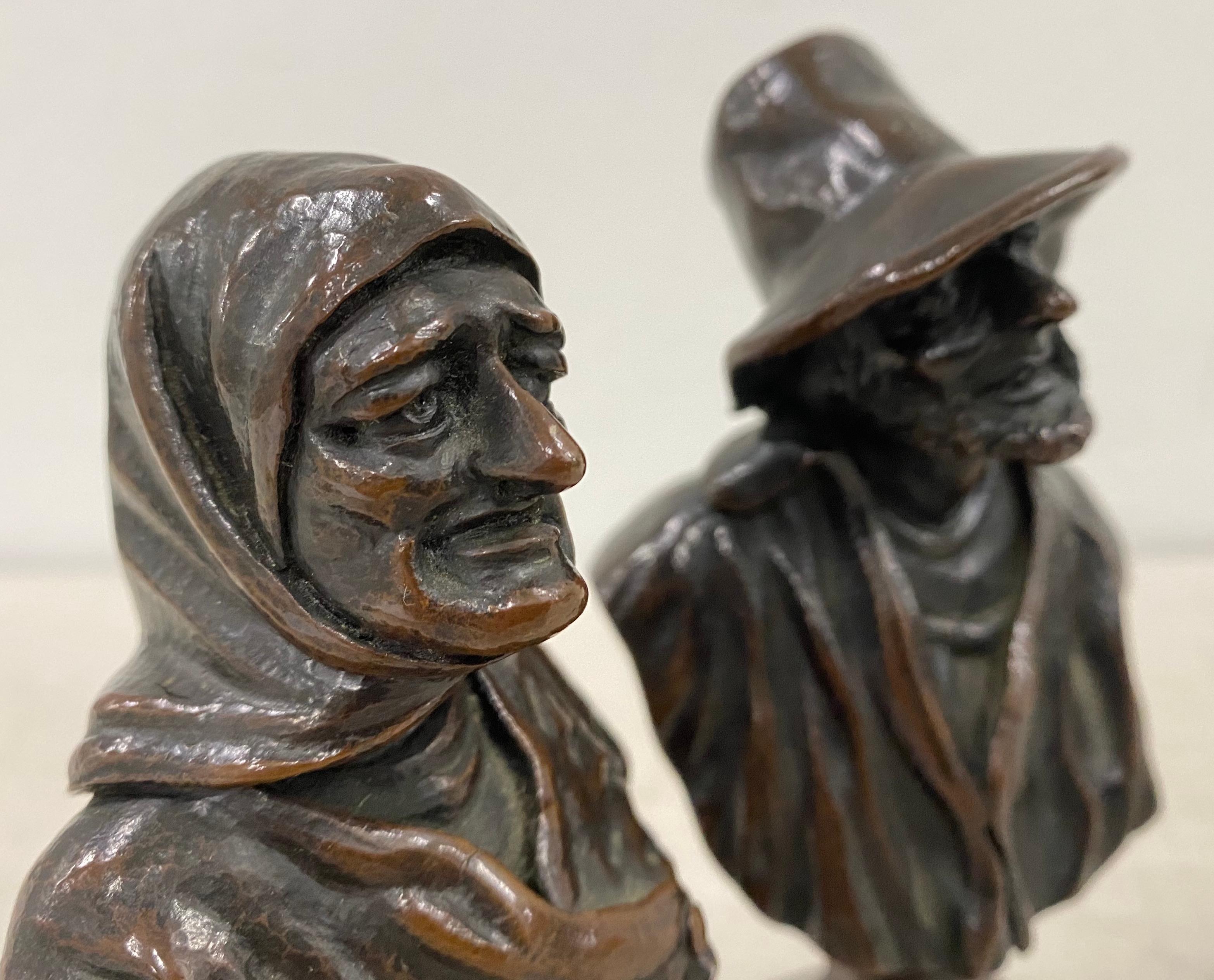 19th Century Old Man & Woman Bronze Sculptures - Gold Figurative Sculpture by Unknown