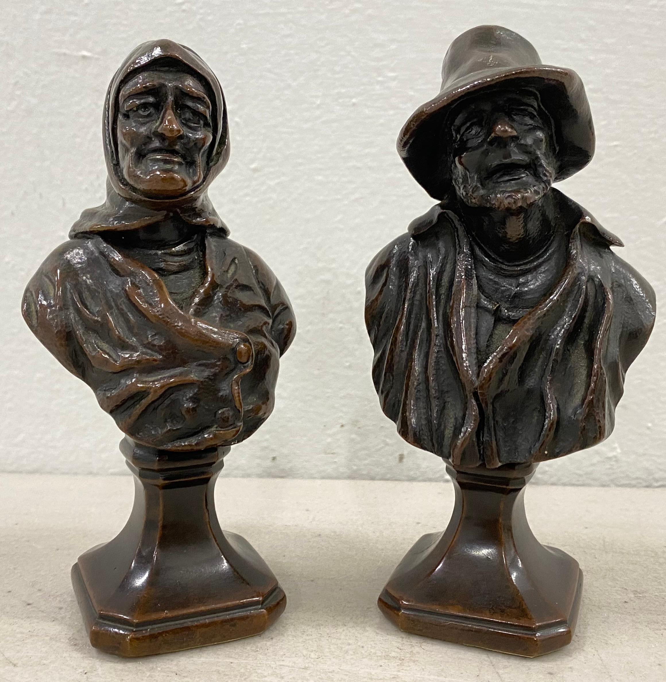 Unknown Figurative Sculpture - 19th Century Old Man & Woman Bronze Sculptures
