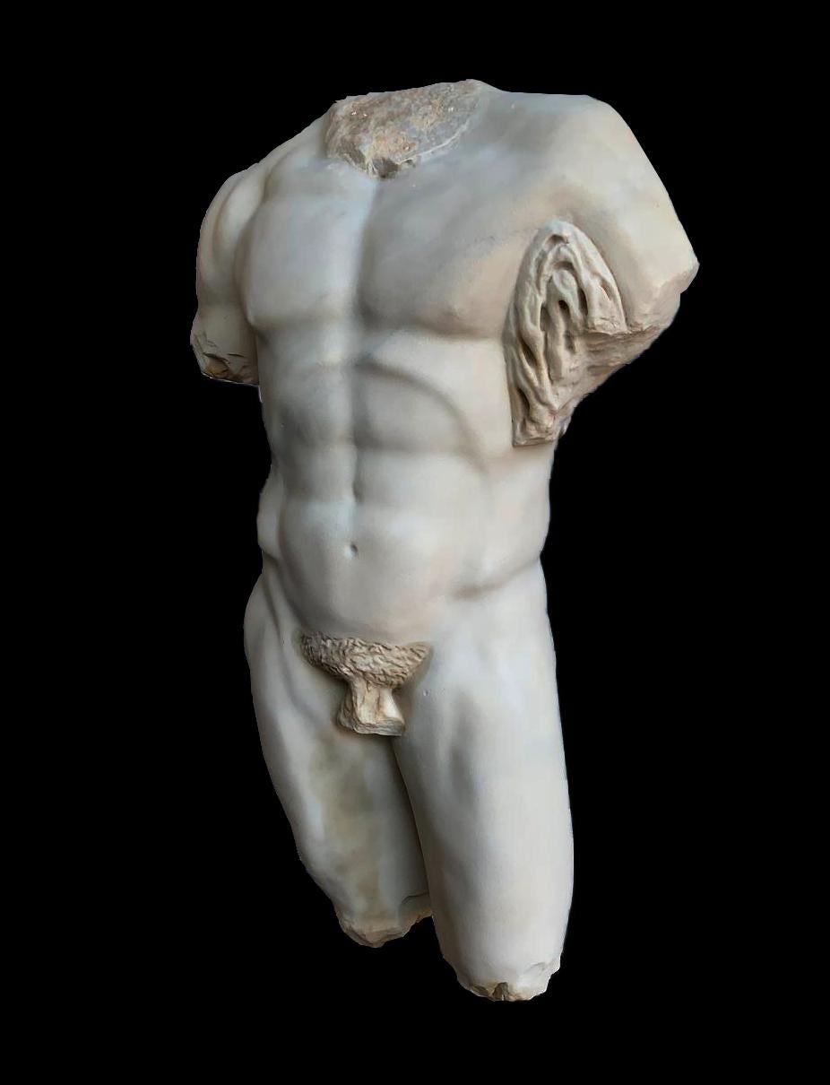 An huge sculpture lifesize torso of the Hercules Farnese in white statuary marble. The Farnese Hercules (Italian: Ercole Farnese) is an ancient statue of Hercules, probably an enlarged copy made in the early third century AD and signed by Glykon,