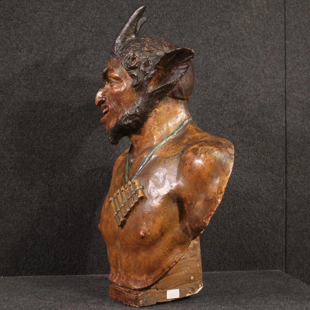 siglo XIX Terracota Francesa Antigua Escultura Mitológica Fauno Pan Dios, 1870 - Nude Sculpture Negro de Unknown