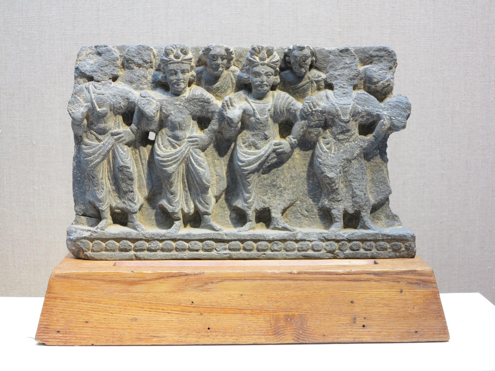 Unknown Figurative Sculpture - 2nd-century Gandharan Attendants of The Buddha relief sculpture