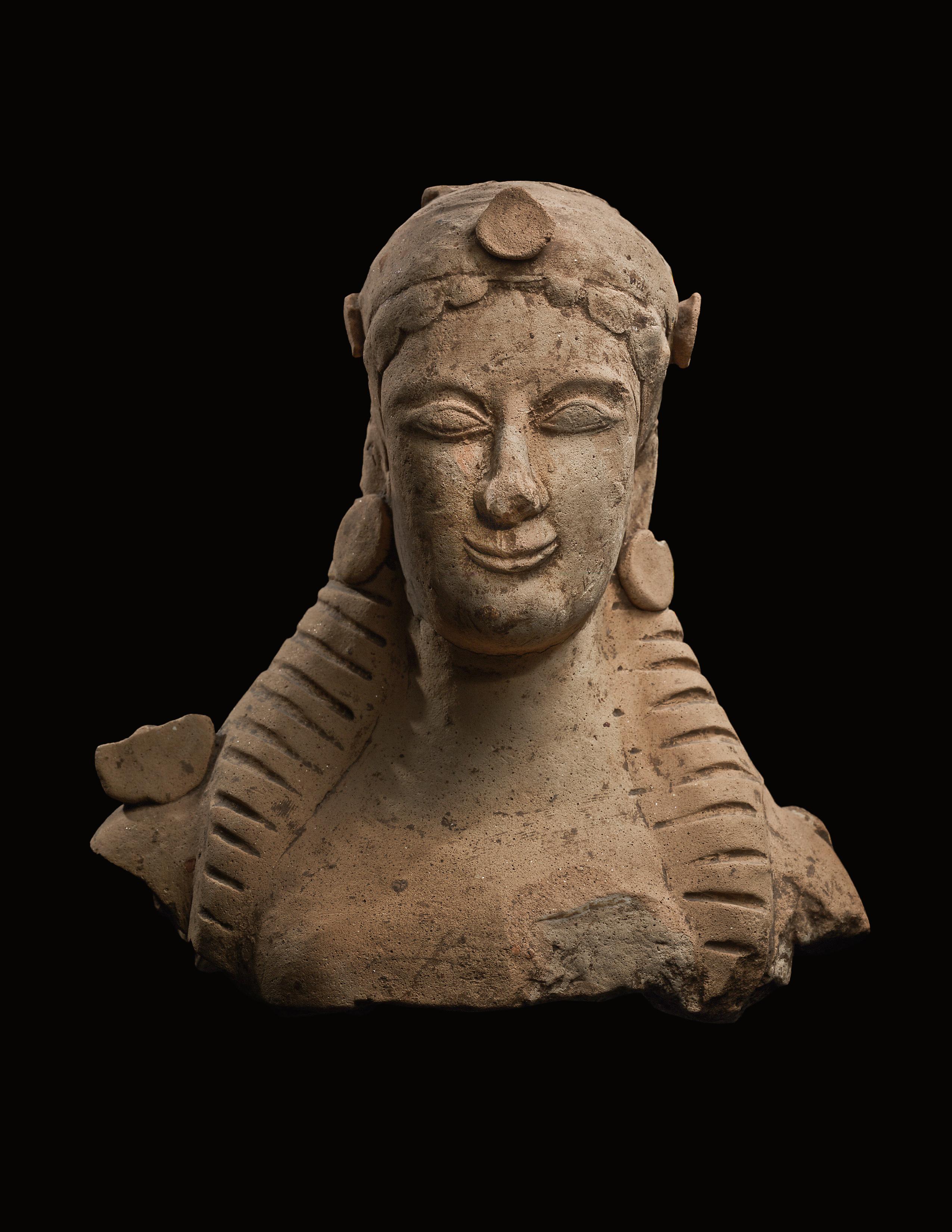 6th Century BCE Archaic Greek Terracotta Kore Female Bust - Sculpture by Unknown